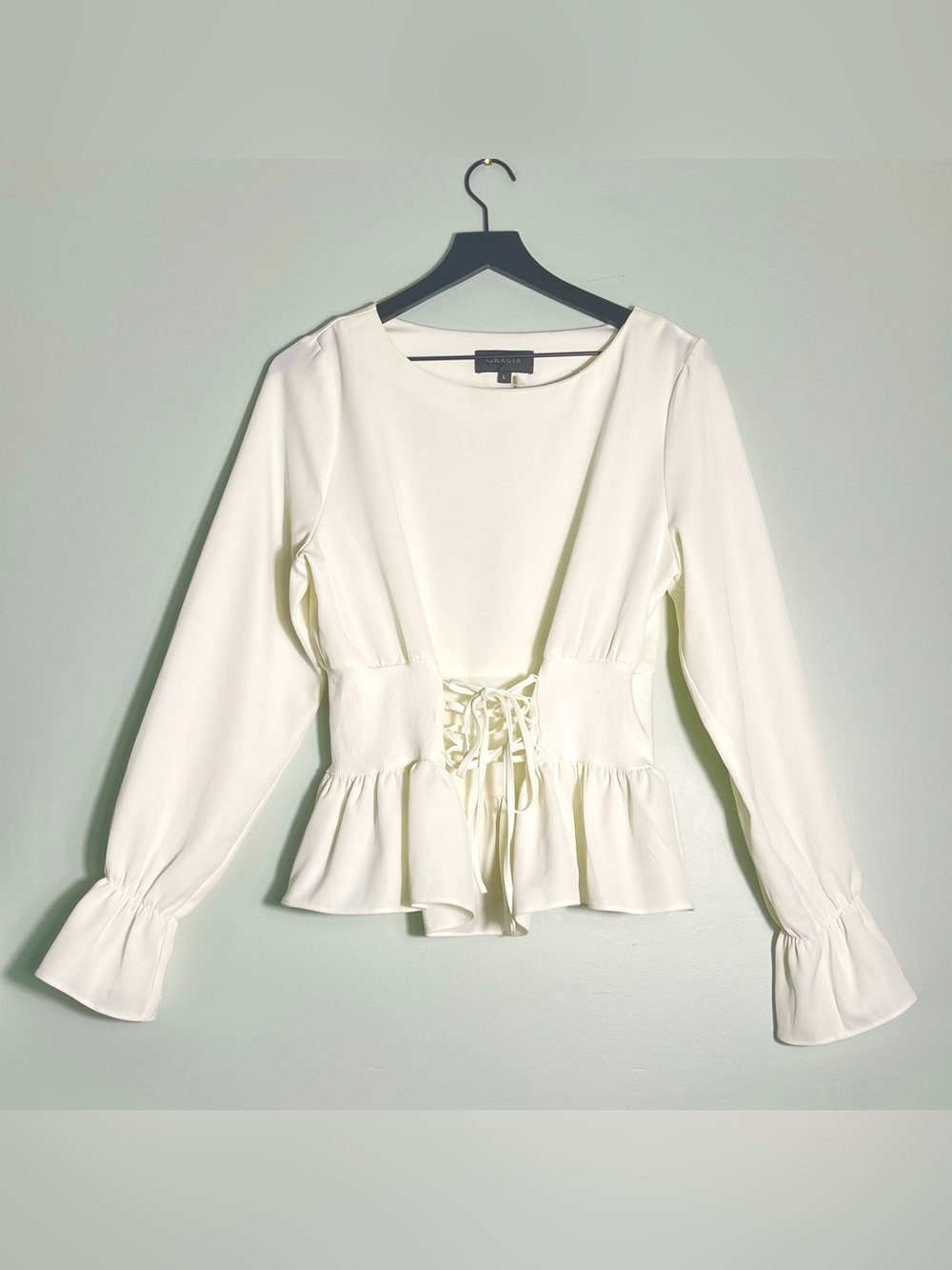 GRACIA Women's Ivory Long Sleeve Blouse Tie Waist Ruffle Hem & Cuff Size Large